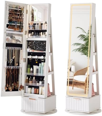 Full Length Mirror Jewelry Armoire - ฟลูเต็ด 360 ° ตู้เก็บเครื่องประดับแบบหมุนได้พร้อมกระจกเต็มตัว ตู้เก็บเครื่องประดับแบบมีกุญแจล็อคและลิ้นชัก