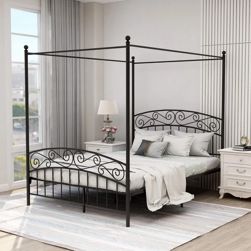 Canopy Bed Frame Metal Queen - โครงเตียงขนาดควีนไซส์ พร้อมโครงเตียงแบบมีเสาสี่เสา ทำจากโลหะ สีดำ