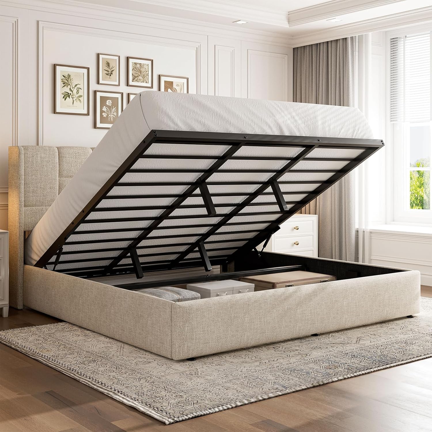 Gas Lift Storage Bed Hydraulic - โครงเตียงคิงไซส์พร้อมที่เก็บของแบบยกขึ้นด้วยระบบไฮดรอลิก หุ้มด้วยผ้าลินิน | เตียงแพลตฟอร์มสีเบจพร้อมหัวเตียงแบบ Wingback ปรับแต่งได้