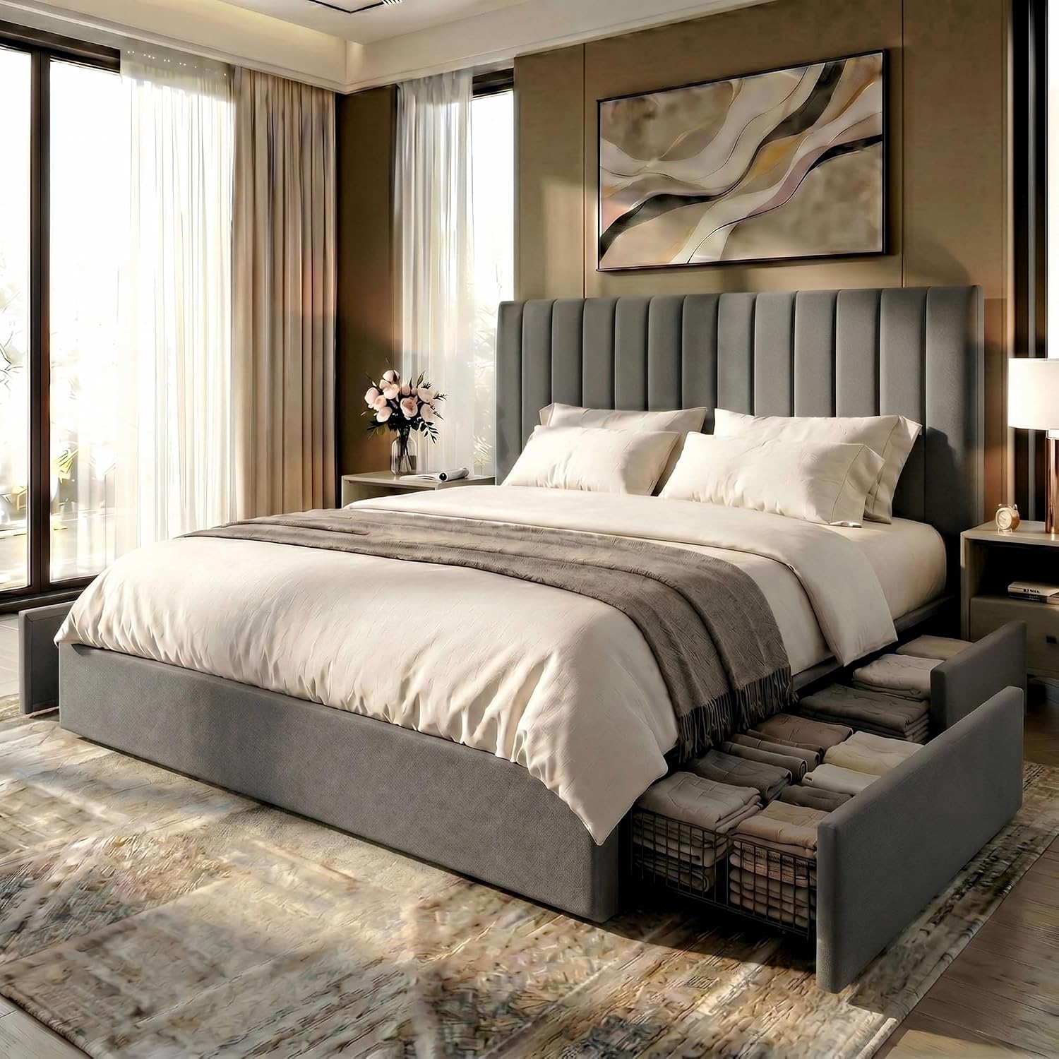 King Size Bed Frame With Storage Drawers - โครงเตียงขนาดคิงไซส์แบบมีฐานรอง พร้อมลิ้นชักเก็บของขนาดใหญ่ 4 ช่อง สามารถปรับแต่งได้