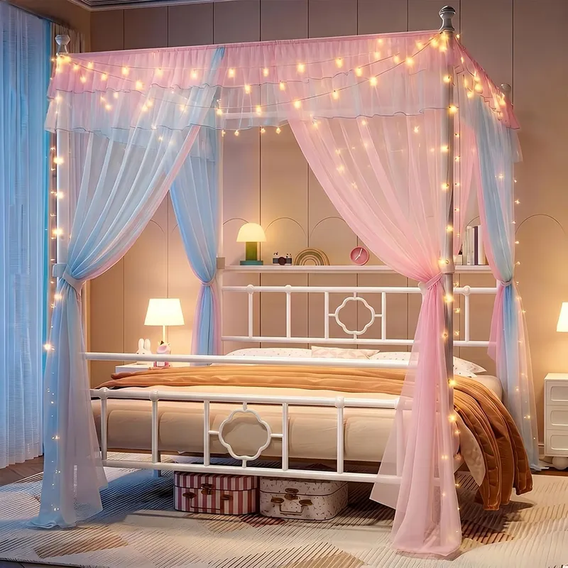 Canopy Bed Frame Metal Queen - โครงเตียงควีนไซส์พร้อมม่านบังตาและหัวเตียงแบบมีช่องเก็บของ โครงโลหะสีขาว