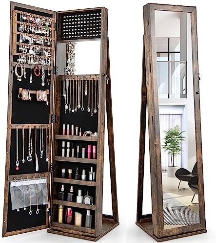Full Length Mirror Jewelry Armoire - ตู้เก็บเครื่องประดับพร้อมกระจกเต็มตัว ตู้เก็บเครื่องประดับแบบมีกุญแจพร้อมพื้นที่จัดเก็บขนาดใหญ่