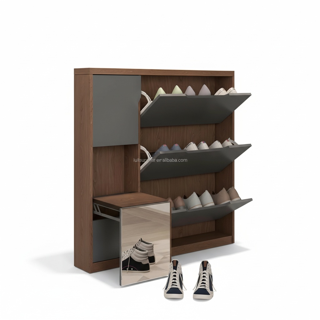 Shoe Rack Cabinet Narrow Entryway - ตู้เก็บรองเท้าทรงเพรียวบาง ขนาด 17 ซม./6.7 นิ้ว ตู้เก็บรองเท้าไม้แบบเปิด-ปิดพร้อมที่นั่ง