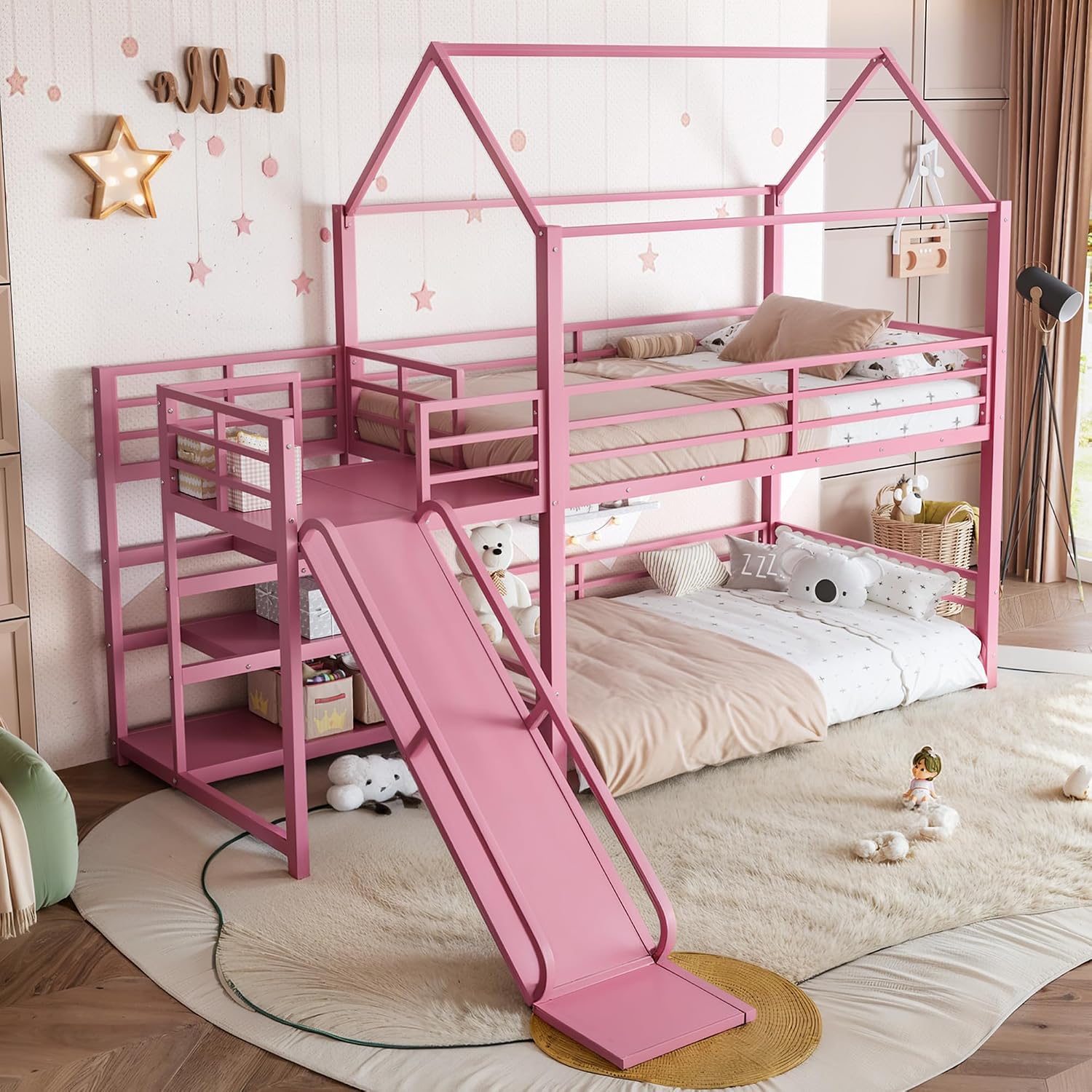 Bunk Bed With Stairs And Slide - เตียงสองชั้นพร้อมสไลเดอร์และบันไดเก็บของ, เตียงโลหะรูปทรงบ้านสำหรับเด็ก, แข็งแรงทนทาน, ไม่ต้องใช้ฐานรอง, สีชมพู, สามารถปรับแต่งได้