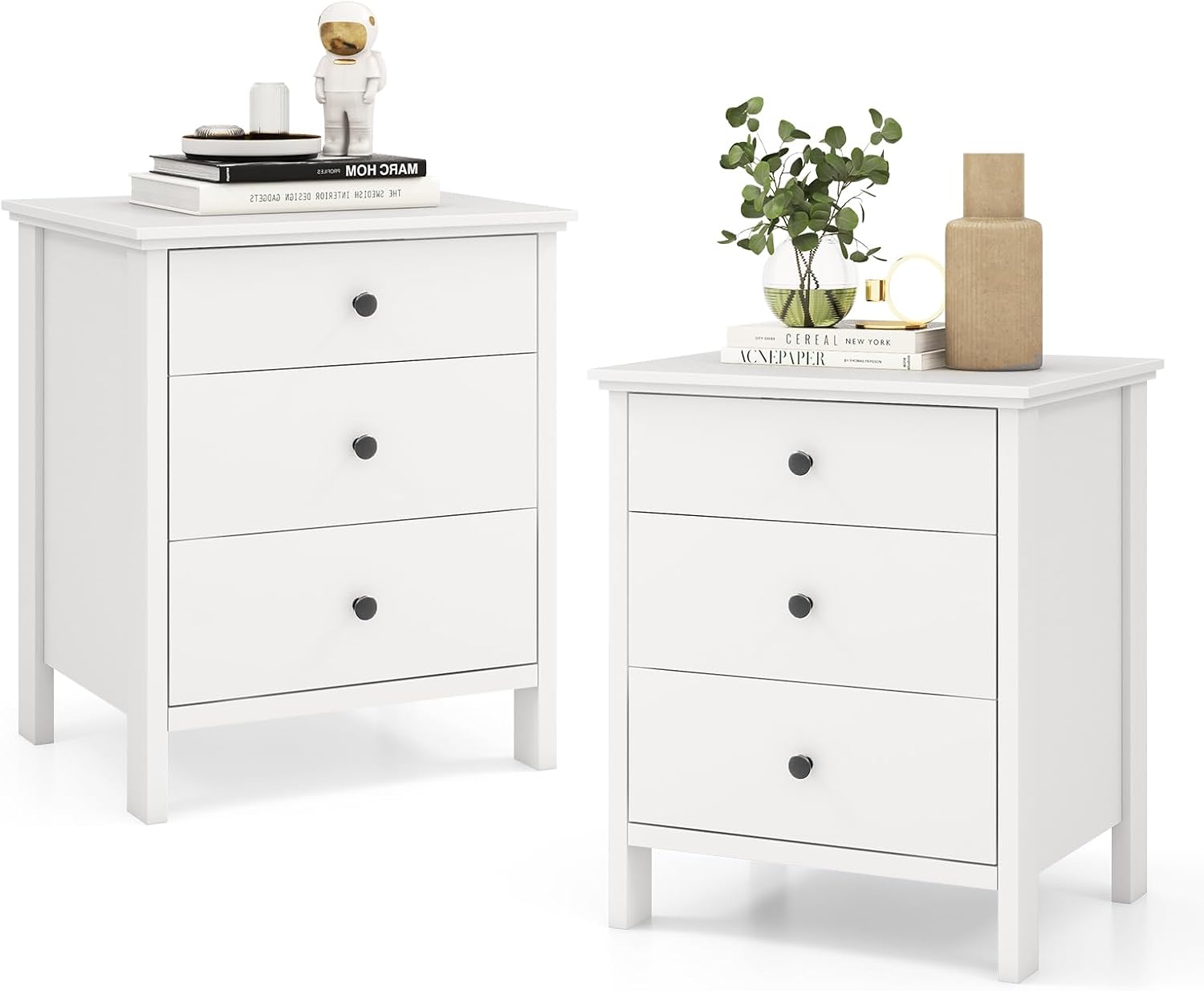 Solid Wood Nightstand 2 Drawers - โต๊ะข้างเตียงพร้อมลิ้นชัก 3 ช่อง ชุด 2 ตัว,