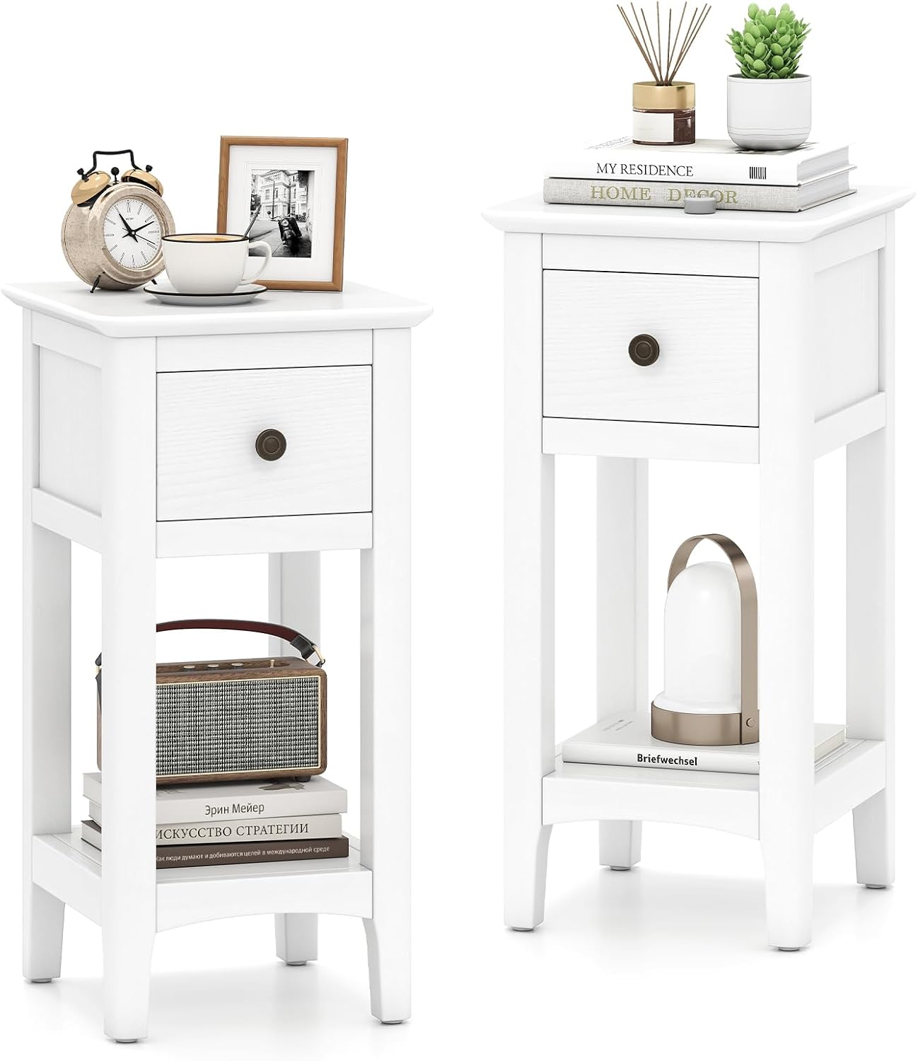 Solid Wood Nightstand 2 Drawers - โต๊ะข้างเตียงทรงแคบพร้อมลิ้นชัก ชุด 2 ตัว, โต๊ะข้างสูง 23.5
