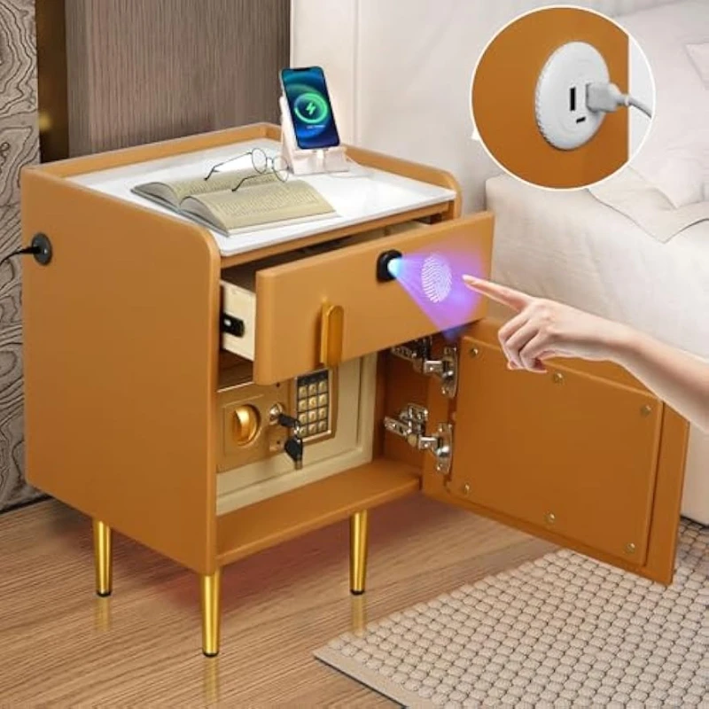 Solid Wood Nightstand 2 Drawers - โต๊ะข้างเตียงอัจฉริยะพร้อมตู้เซฟซ่อนและลิ้นชักล็อคด้วยลายนิ้วมือ ท็อปโต๊ะหนังลายหินอ่อน สำหรับห้องนอน ทันสมัย พร้อมพอร์ตชาร์จ USB