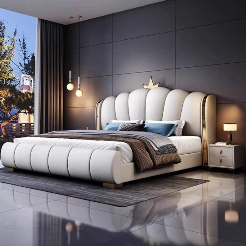 King Size Bed Frame With Storage Drawers - เฟอร์นิเจอร์ห้องนอนไม้ดีลักซ์สไตล์โมเดิร์น โครงเตียงคู่บุผ้า (ขนาดคิงไซส์) พร้อมลิ้นชักเก็บของ สีขาว