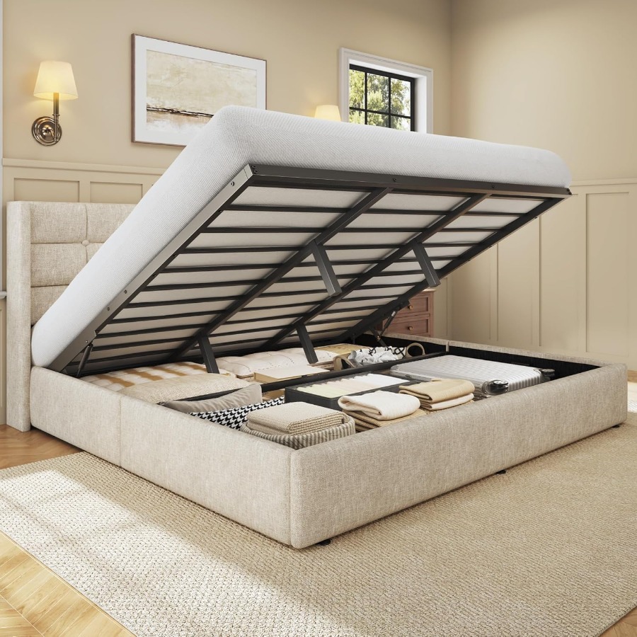 Gas Lift Storage Bed Hydraulic - โครงเตียงยกสูงพร้อมช่องเก็บของ, เตียงแพลตฟอร์มบุผ้าลินินพร้อมหัวเตียงแบบปีก, ระบบยกไฮดรอลิกแบบแก๊สแรงสูงใต้เตียง