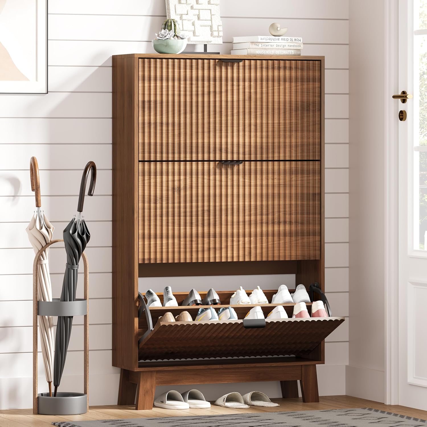 Shoe Rack Cabinet Narrow Entryway - ตู้เก็บรองเท้าทางเข้าบ้าน 3 ลิ้นชักแบบพับได้ ดีไซน์ลายร่อง ขาไม้ ตู้เก็บรองเท้าทรงแคบแบบตั้งพื้น
