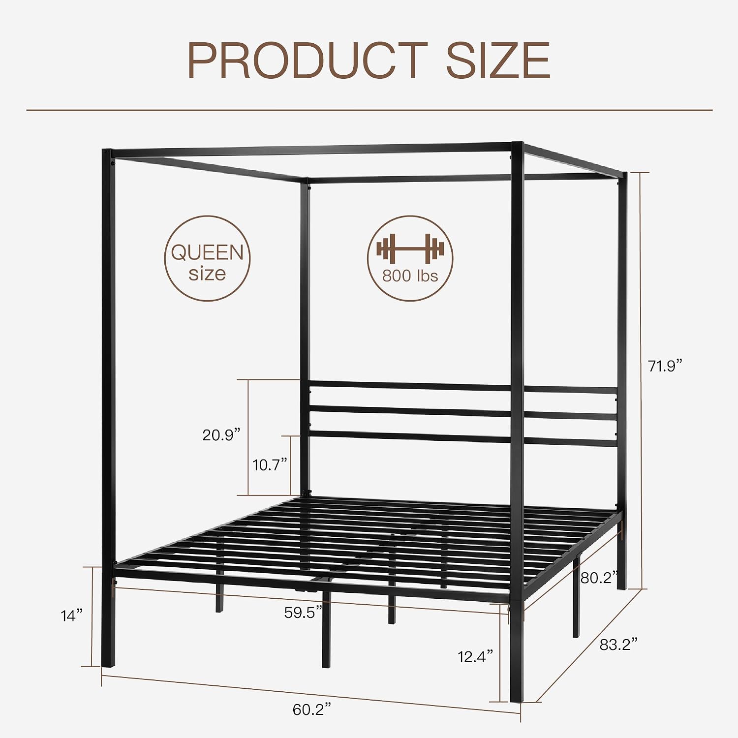 Canopy Bed Frame Metal Queen - โครงเตียงโลหะขนาดควีนไซส์ พร้อมโครงหลังคา รองรับน้ำหนักได้ดี สีดำ สามารถปรับแต่งได้