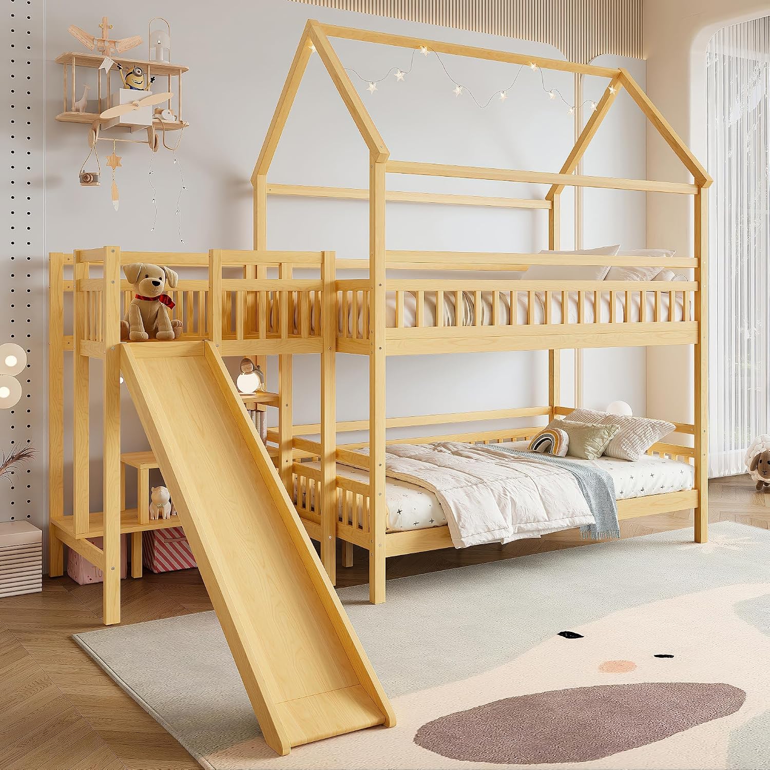 Bunk Bed With Stairs And Slide - เตียงสองชั้นแบบเต็มขนาดพร้อมหลังคาดีไซน์บ้านเด็กเล่น, เตียงสองชั้นแบบบ้านพร้อมบันไดเก็บของและสไลด์, เตียงสองชั้นไม้สำหรับเด็ก, เด็กผู้หญิง, B
