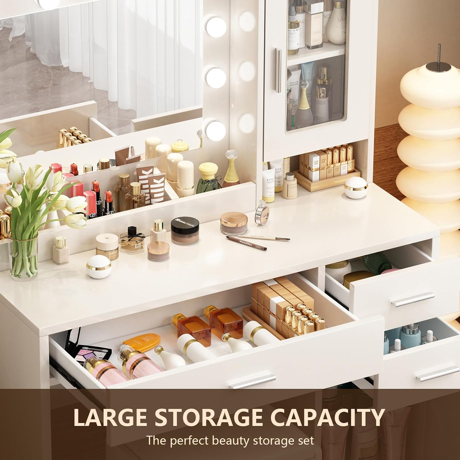 โต๊ะเครื่องแป้งสีขาวพร้อมกระจก - Dressing Table Vanity With Lighted Mirror บทวิจารณ์และราคา