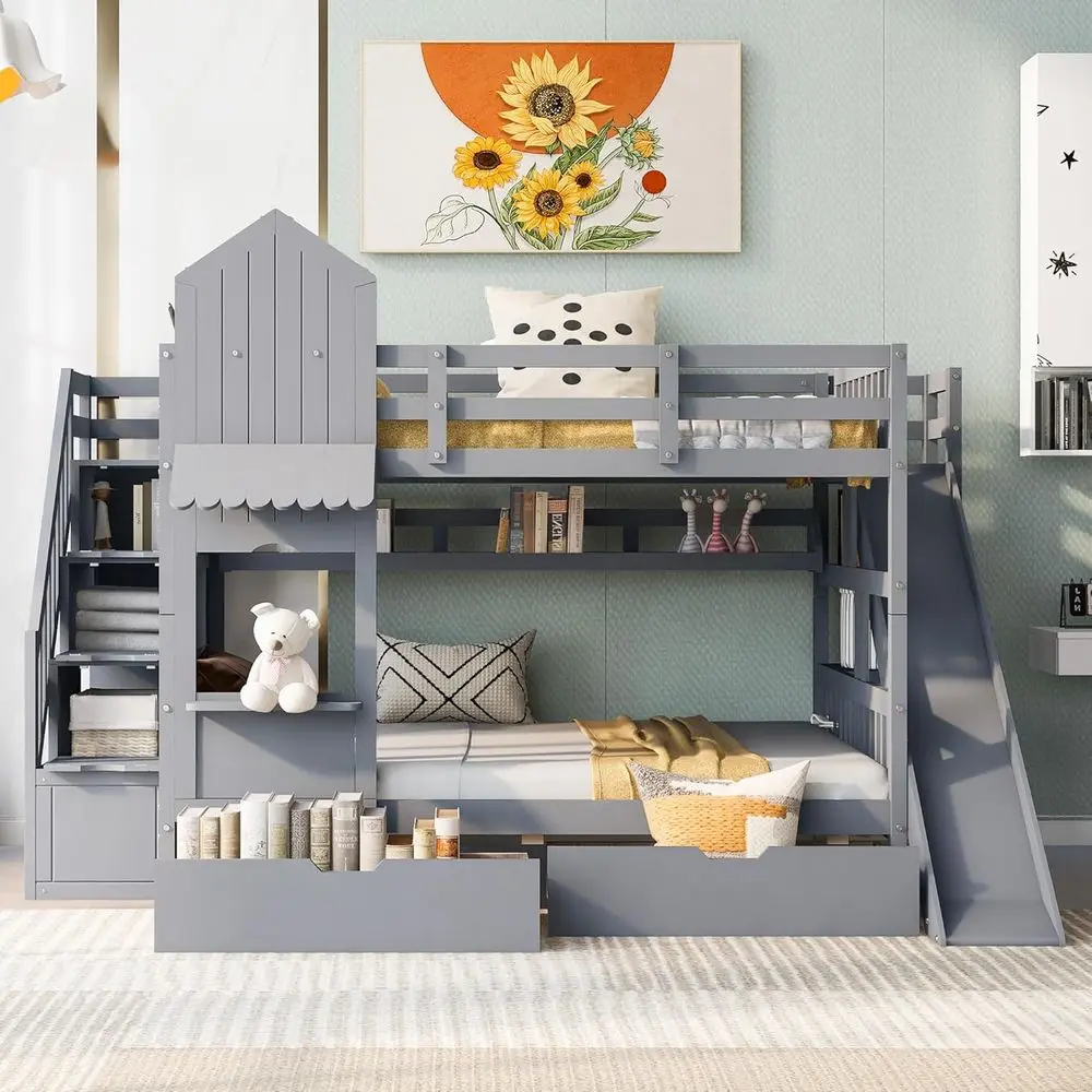 เตียงสองชั้นขนาดใหญ่พร้อมบันได - Bunk Bed With Stairs And Slide บทวิจารณ์และราคา