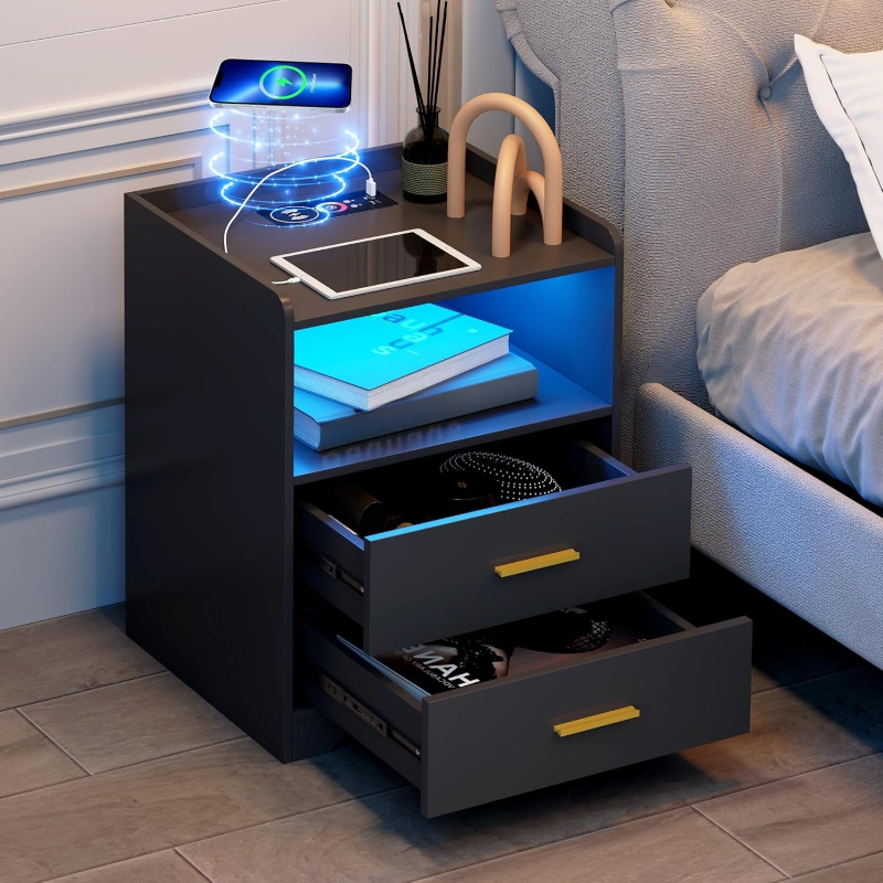 โต๊ะข้างเตียง LED สีดำพร้อมแท่ - Solid Wood Nightstand 2 Drawers บทวิจารณ์และราคา