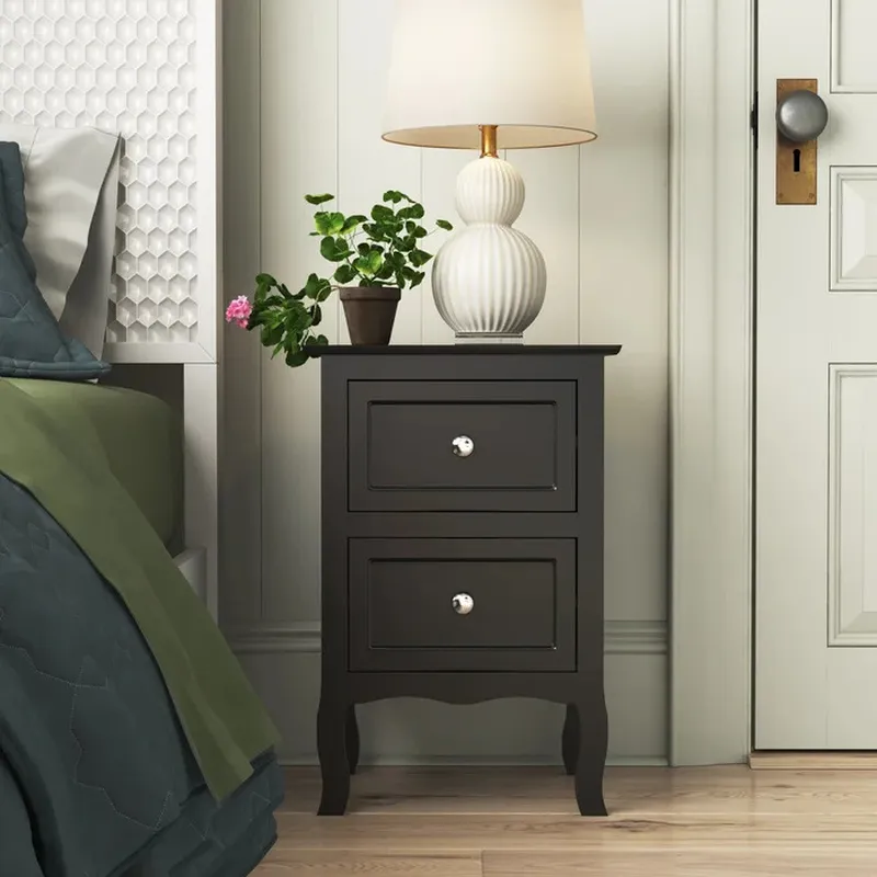 โต๊ะข้างเตียงไม้สไตล์เรโทรพร้อ - Solid Wood Nightstand 2 Drawers บทวิจารณ์และราคา