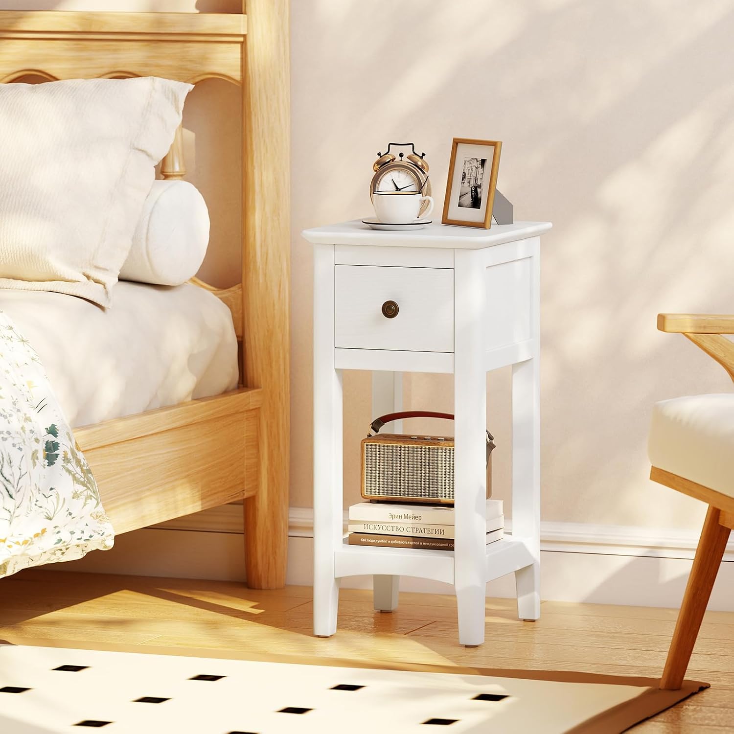 โต๊ะข้างเตียงทรงแคบพร้อมลิ้นชั - Solid Wood Nightstand 2 Drawers บทวิจารณ์และราคา