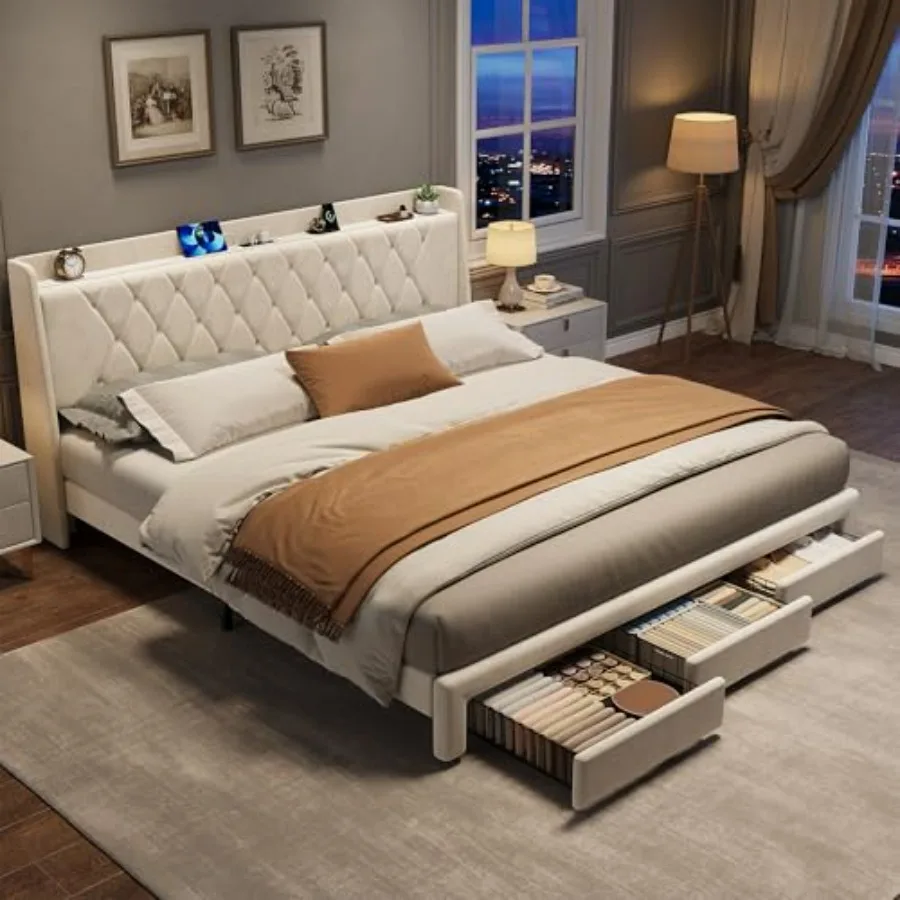 โครงเตียงแบบมีฐานรอง บุด้วยผ้า - King Size Bed Frame With Storage Drawers บทวิจารณ์และราคา