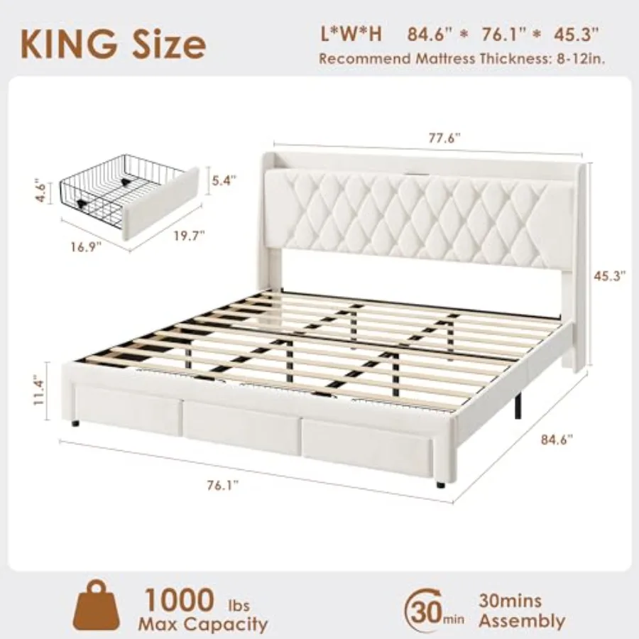 โครงเตียงแบบมีฐานรอง บุด้วยผ้า - King Size Bed Frame With Storage Drawers บทวิจารณ์และราคา