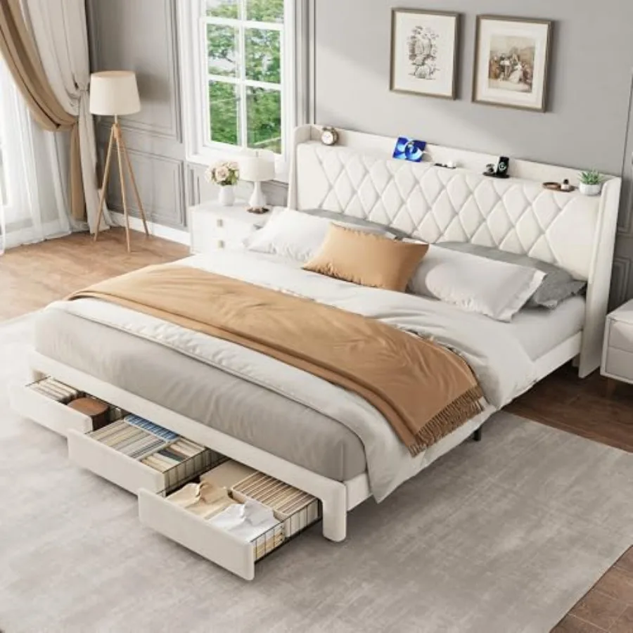 โครงเตียงแบบมีฐานรอง บุด้วยผ้า - King Size Bed Frame With Storage Drawers บทวิจารณ์และราคา
